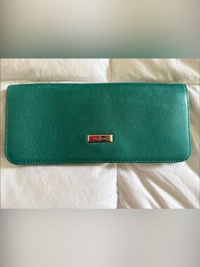 Cole Haan Teal Leather Zip Clutch with Gold Plaque